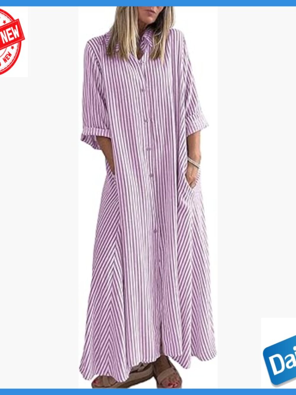 Boho Striped Maxi Shirt Dress 3/4 Sleeve Cotton Business Casual